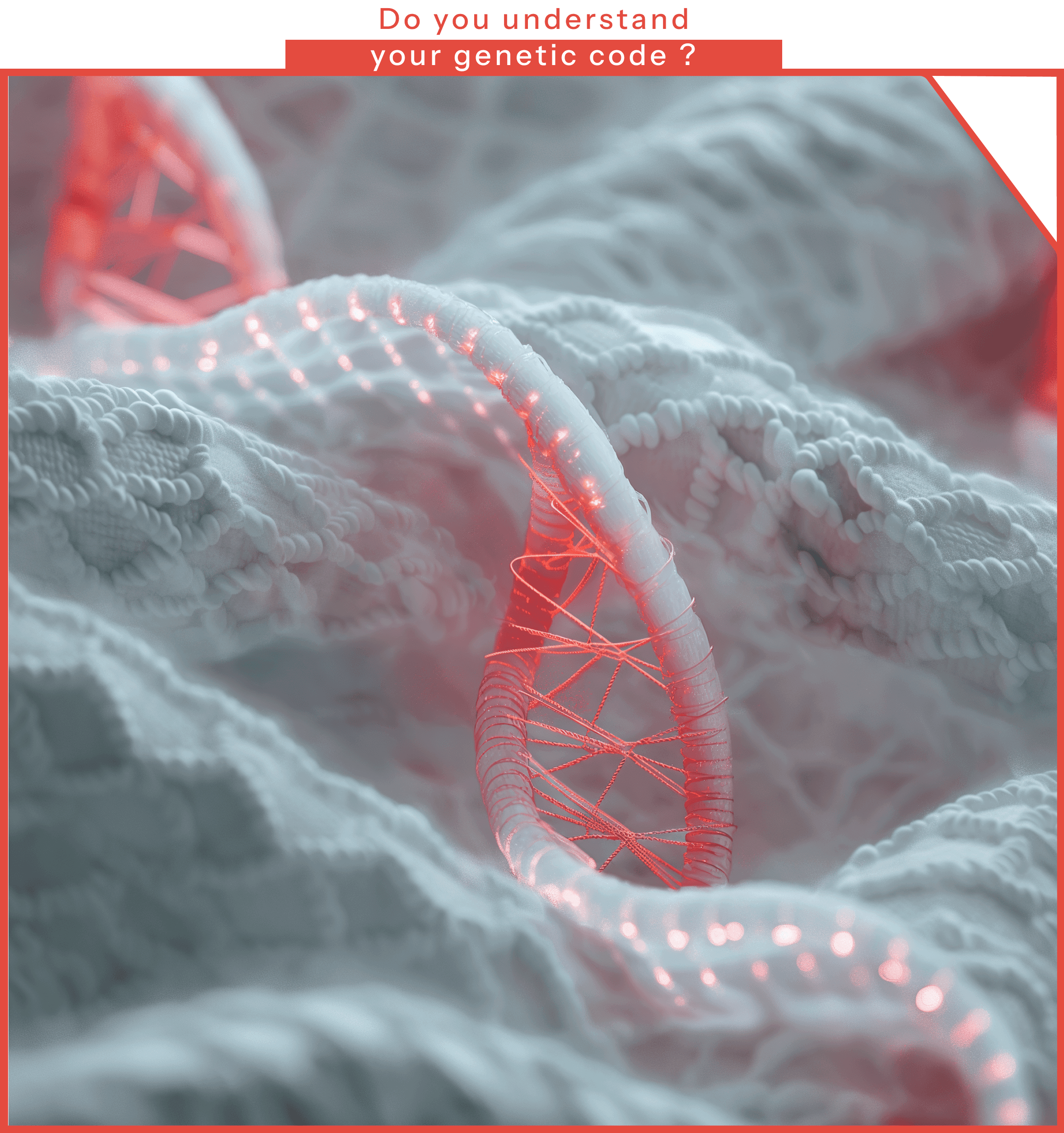 Do you understand your genetic code? A macro view of a glowing red DNA strand